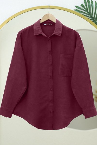 Burgundy Oval Cut Hem Muslin Shirt