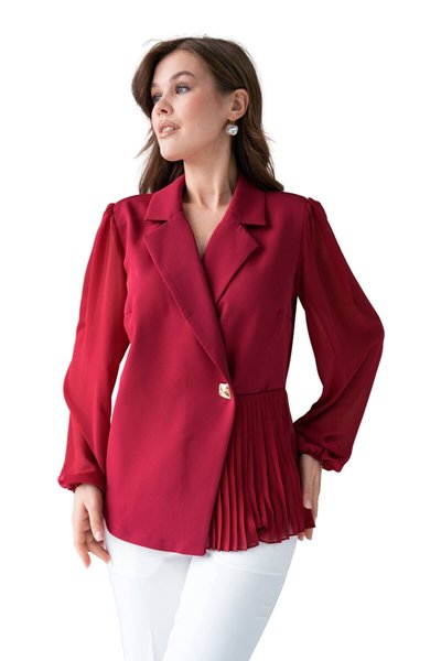 Bordo Metal Düğmeli Tül Kollar Ve Pilise Detaylı Bluz
