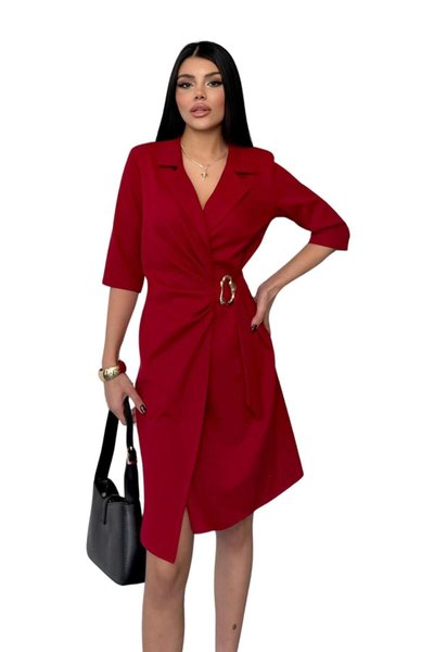 Bordo Midi Business & Yaka Drape Ve Gold Toka Detaylı Yarım Kol Ceket Elbise