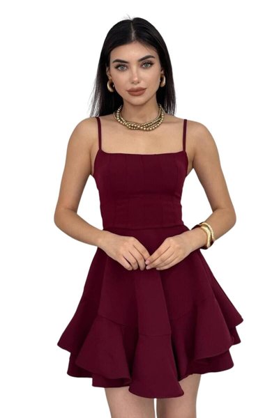 Bordo Mini Strappy Layered Hem Adjustable Strap Ball Gown Evening Dress
