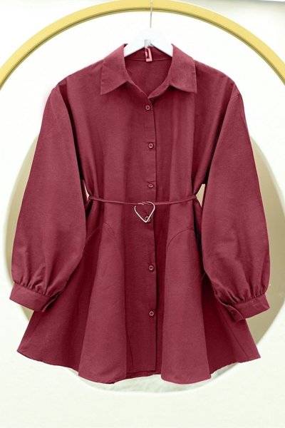 Bordo Parça Kumaşlı Düğmeli Poplin Tunik