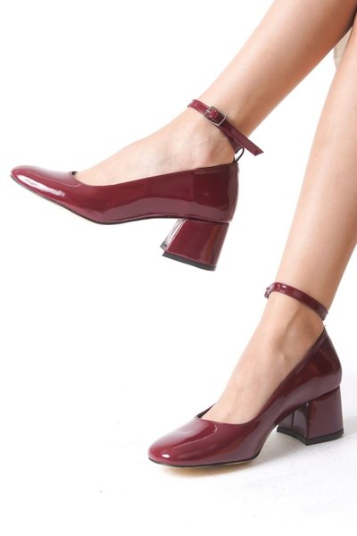 Bordo Rugan Leman Kapalı Yuvarlak Burunlu 5cm Kalın Ökçe Bilek Baretli