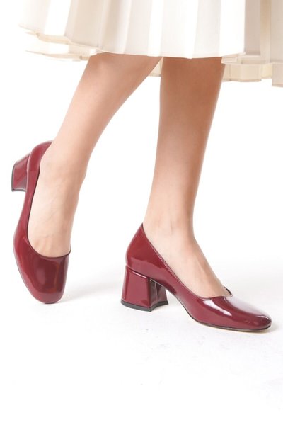 Bordo Rugan Yeliz Kapalı Yuvarlak Burunlu 5cm Kalın Ökçe