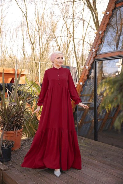 Bordo Yarım Patlı Katlı Tesettür Elbise