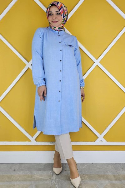 Buz Mavi Cebi Sallantı Aksesura Detaylı Tunik