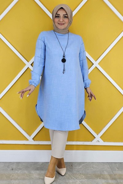 Buz Mavi Kolları Nervür Detaylı Tunik