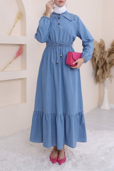 Buz Mavi Omuzu İncili Beli Lastikli Parçalı Uzun Kot Elbise