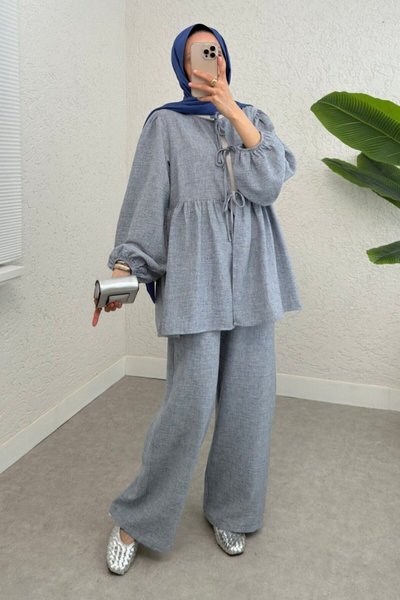 Buz Mavi Önü Bağlamalı Parçalı Kolu Lastikli İkili Takım