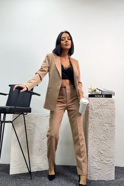 Camel Blazer Ceket Kalem Pantolon Ikili İkili Takım