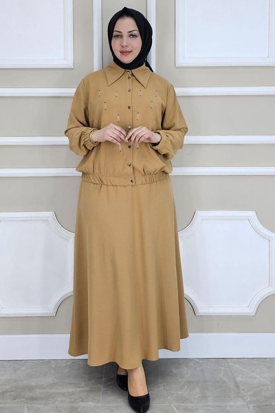 Camel Taş Detaylı Gömlek Etek İkili Takım