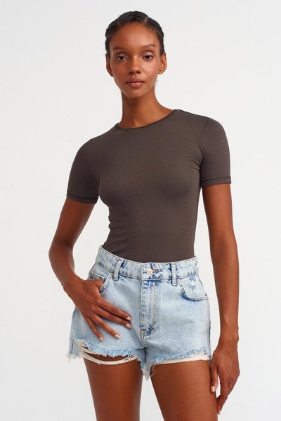 Kahve Sıfır Yaka Basic T-shirt