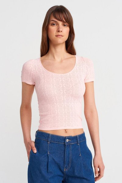 Pembe Kısa Kollu Dantel Dokulu Bluz