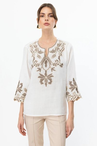 Ekru Önü İşlemeli Keten Bluz
