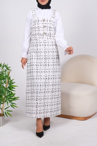 Ekru Beli Korsajlı Önü Düğme Detaylı Salopet