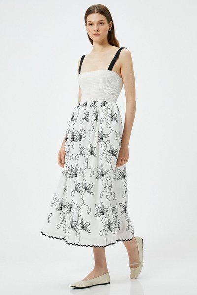 Ecru Patterned Midi Floral Smocked Strap Square Neck Dress