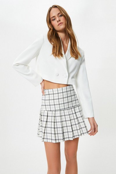 Ivory Checked Mini Pleated Viscose Blend Skirt
