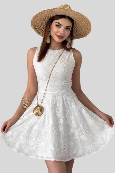 Cream Mini Crew Neck Broderie Anglaise Dress