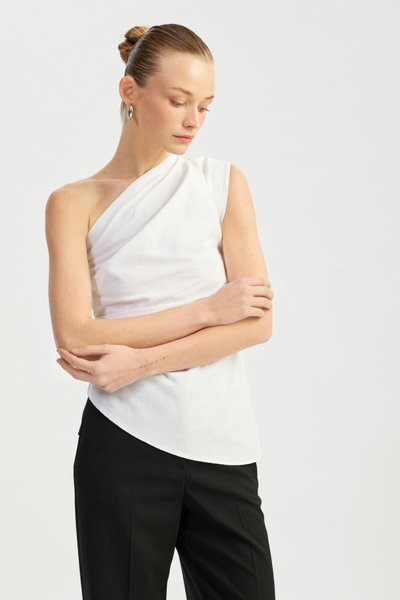 Ekru Pamuklu Drape Detaylı Asimetrik Tek Omuz Bluz