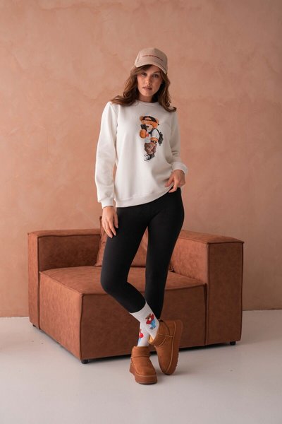 Ekru Teddy Bear Ayıcık Baskılı İplik Şardonlu Bisiklet Yaka Sweat Sweatshirt