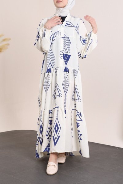 Ecru Half-Buttoned Elastic Cuffed Patterned Dress