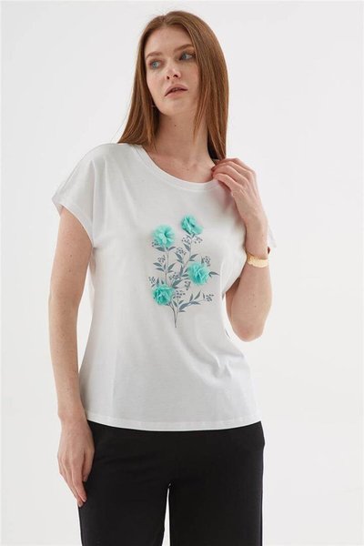 Beyaz Kısa Kollu Çiçekli T-shirt