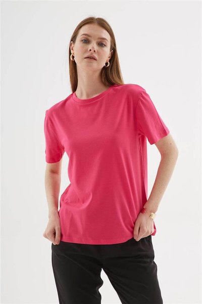 Fuşya Kısa Kollu Sıfır Yaka T-shirt