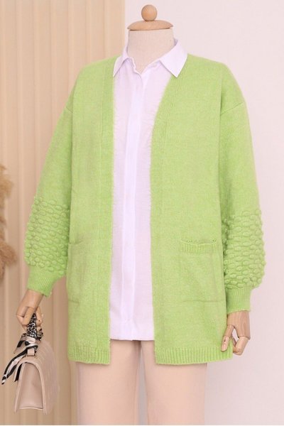 Pistachio Green Balloon Sleeve Cardigan with Pom-Pom Sleeves and Pockets
