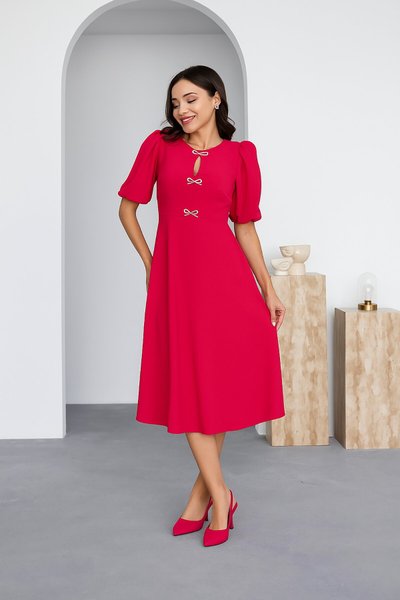 Fuchsia Midi Crepe Fabric Bow Detail Chest Cut-Out Long Dress