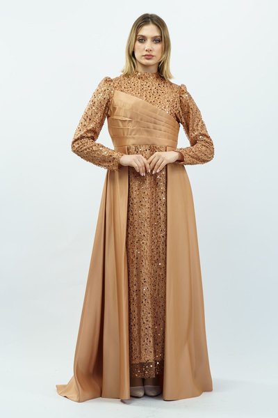 Gold Sequined Draped Satin Modest Evening Dress