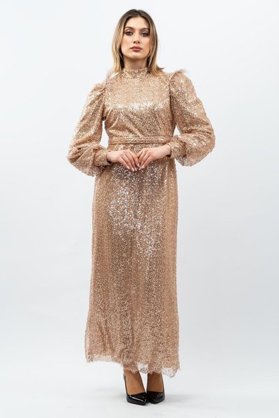 Gold Sequined Modest Evening Dress