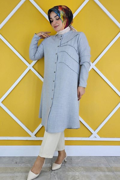 Gri Aller Kesim Dik Yaka Taş Detaylı Gömlek