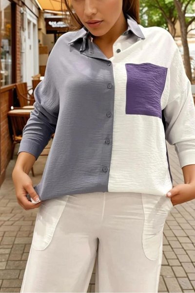 Gray White Purple Color Detailed Long Back Sleeve Flowing Tunic Shirt