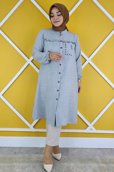 Gri Fırfır Geçişli Cep Parça Süslü Gömlek