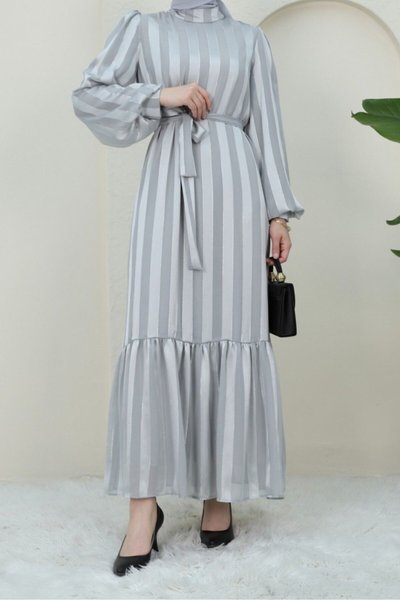 Gri Hakim Yaka Eteği Büzgülü Astarlı Tesettür Elbise