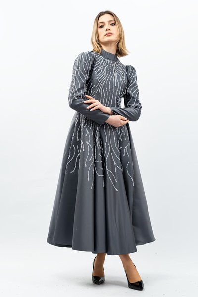 Gri Taş Detaylı Prenses Model Tesettür Abiye Elbise