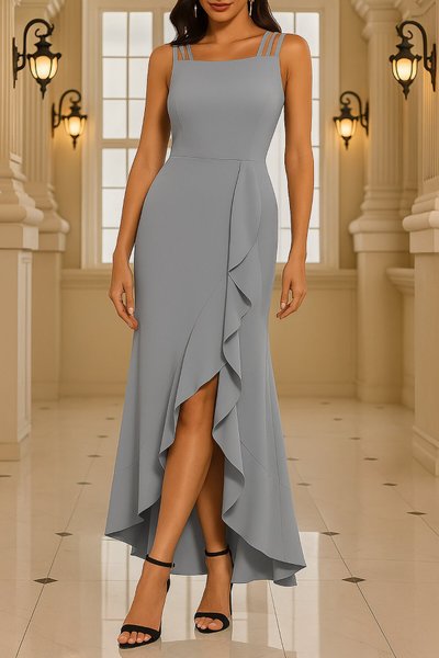 Gray Long Strap Ruffled Slit Detail Crepe Fabric Evening Dress