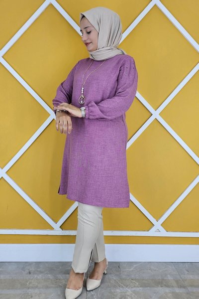 Gül Kurusu Omuz Taş Detaylı Kolyeli Tunik