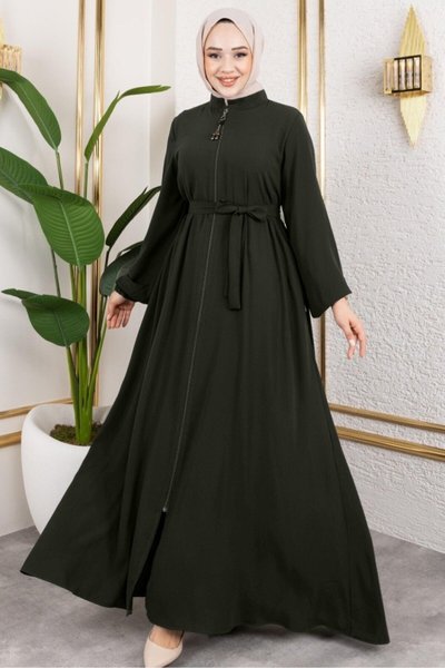 Haki Boydan Fermuarlı Kolu Lastikli Beli Kemerli Ferace