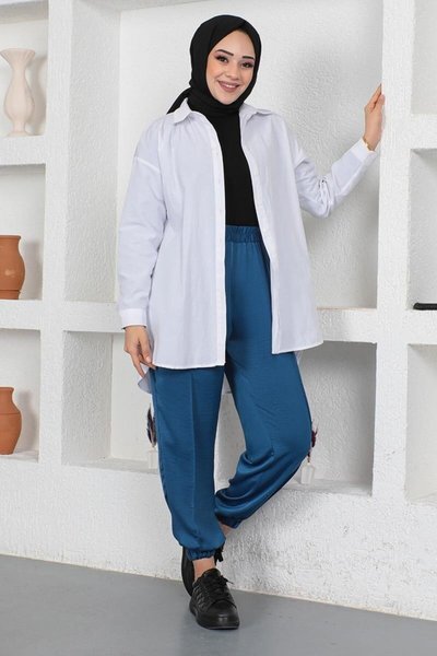 İndigo Beli Ve Paçası Lastikli Pantolon