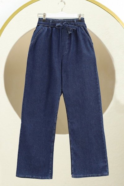 İndigo Bol Paça Beli Lastikli Kuşaklı Kot Pantolon