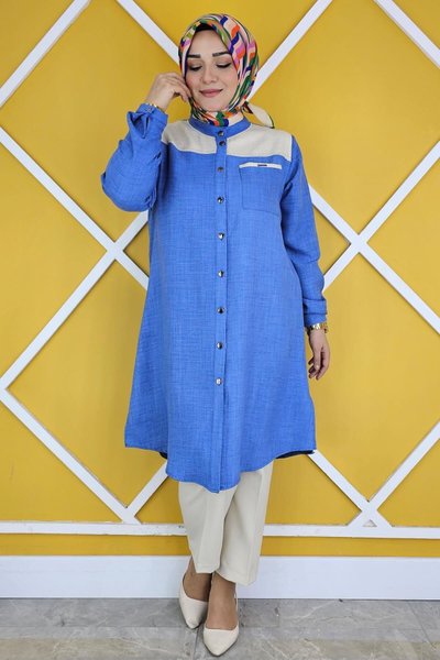 İndigo Dik Yaka Taş Detaylı Gömlek