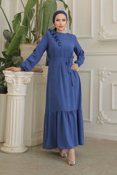 İndigo Fırfır Taş Detaylı Parça Eteklii Kemerli Ayrobin Elbise