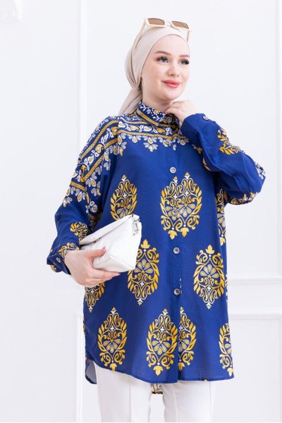 İndigo Oval Kesim Boydan Düğmeli Viskon Tunik