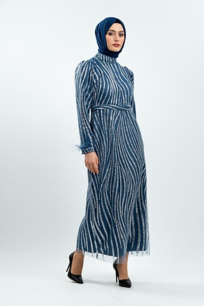 İndigo Simli Tüy Detaylı Tesettür Abiye Elbise