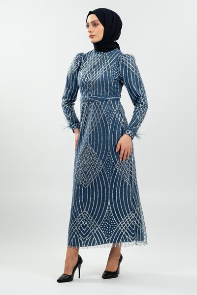 İndigo Simli Tüy Detaylı Tesettür Abiye Elbise