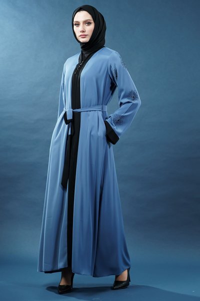 Indigo Stone-Embellished Zippered Abaya