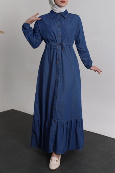 İndigo Tünel Bağcıklı Boydan Düğmeli Kot Tesettür Elbise
