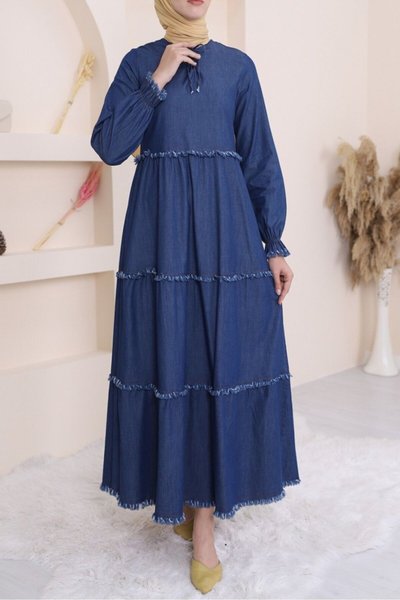 İndigo Üç Parça Yıkamalı Kot Tesettür Elbise