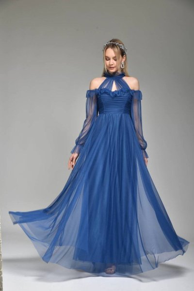 İndigo Uzun Tül Abiye Elbise