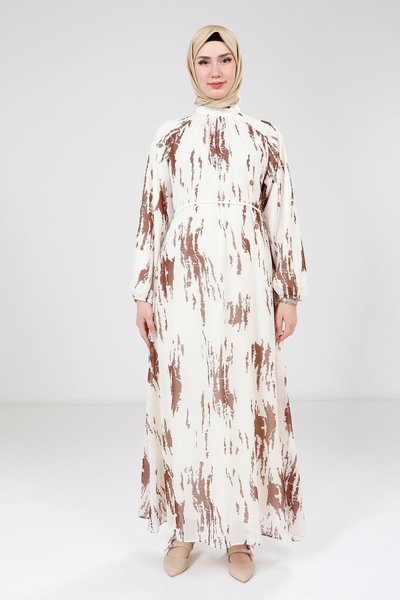 Coffee Print White Modest Dress